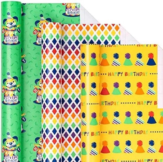 Papier di Confezione per Festa d'Anniversario - Set di 3 - Tema Happy Birthday con Cane, Cappello e Arcobaleno Disegno a Rilievo - 43,2 cm x 3,05 m per Rotolo - Adatto per Confezioni di Regalo