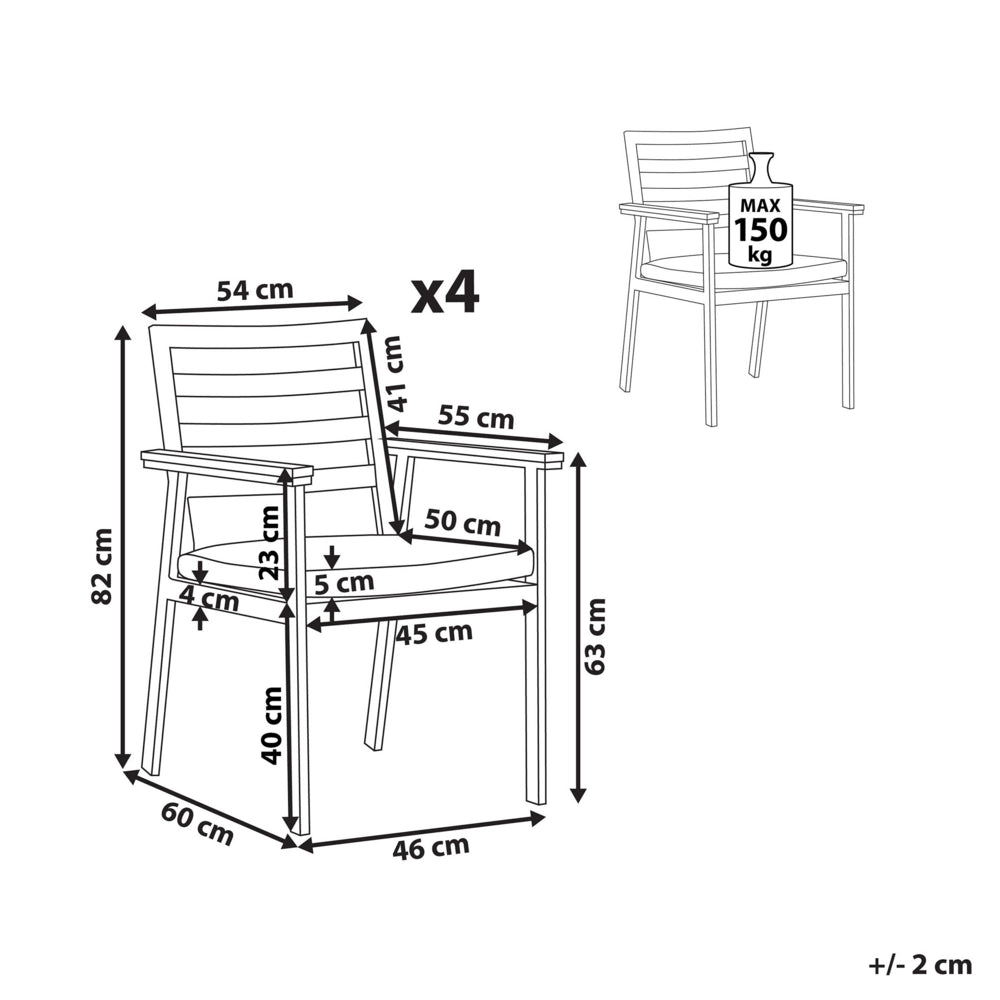 Set di 4 sedie da giardino in alluminio bianco grigio scuro cuscini per sedili con finitura verniciata a polvere per esterni