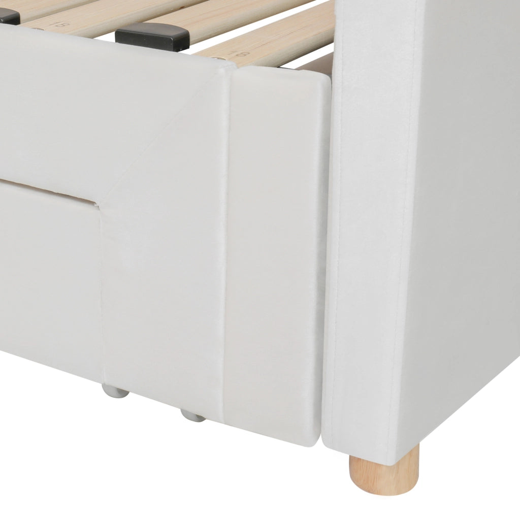 Letto imbottito estraibile 90x200/180x200 cm con 2 cassetti; USB e Type-C; velluto beige