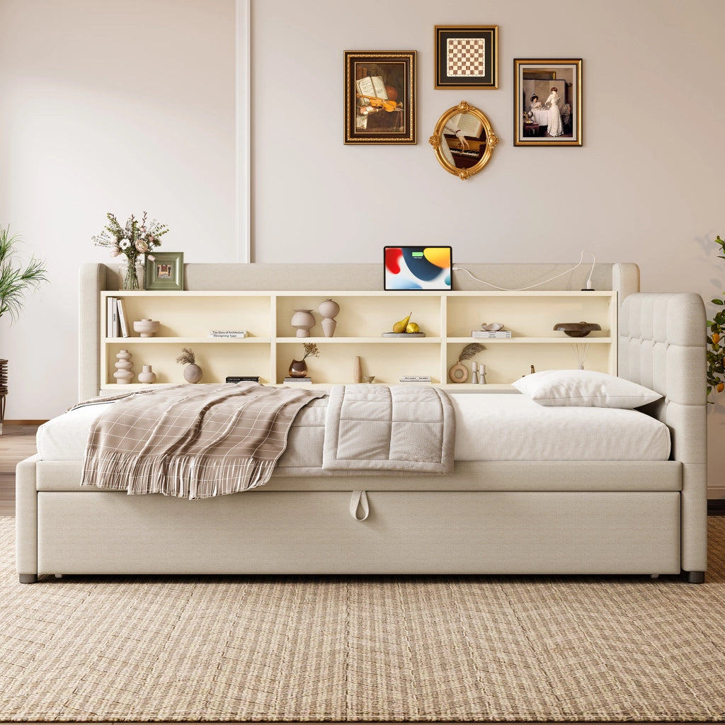 Letto estraibile singolo 90×200 cm e 90×189 cm con USB; Type-C e ripiani; senza materasso; lino; beige