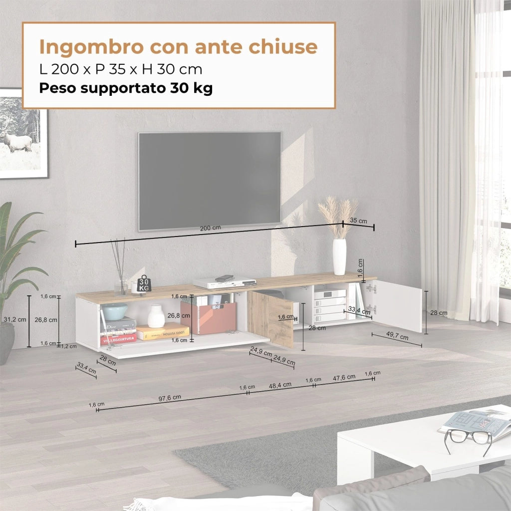 WHOUS Mobile porta TV sospeso Iseo con 2 ante e 1 ribalta bianco lucido e rovere 200x35x30 cm