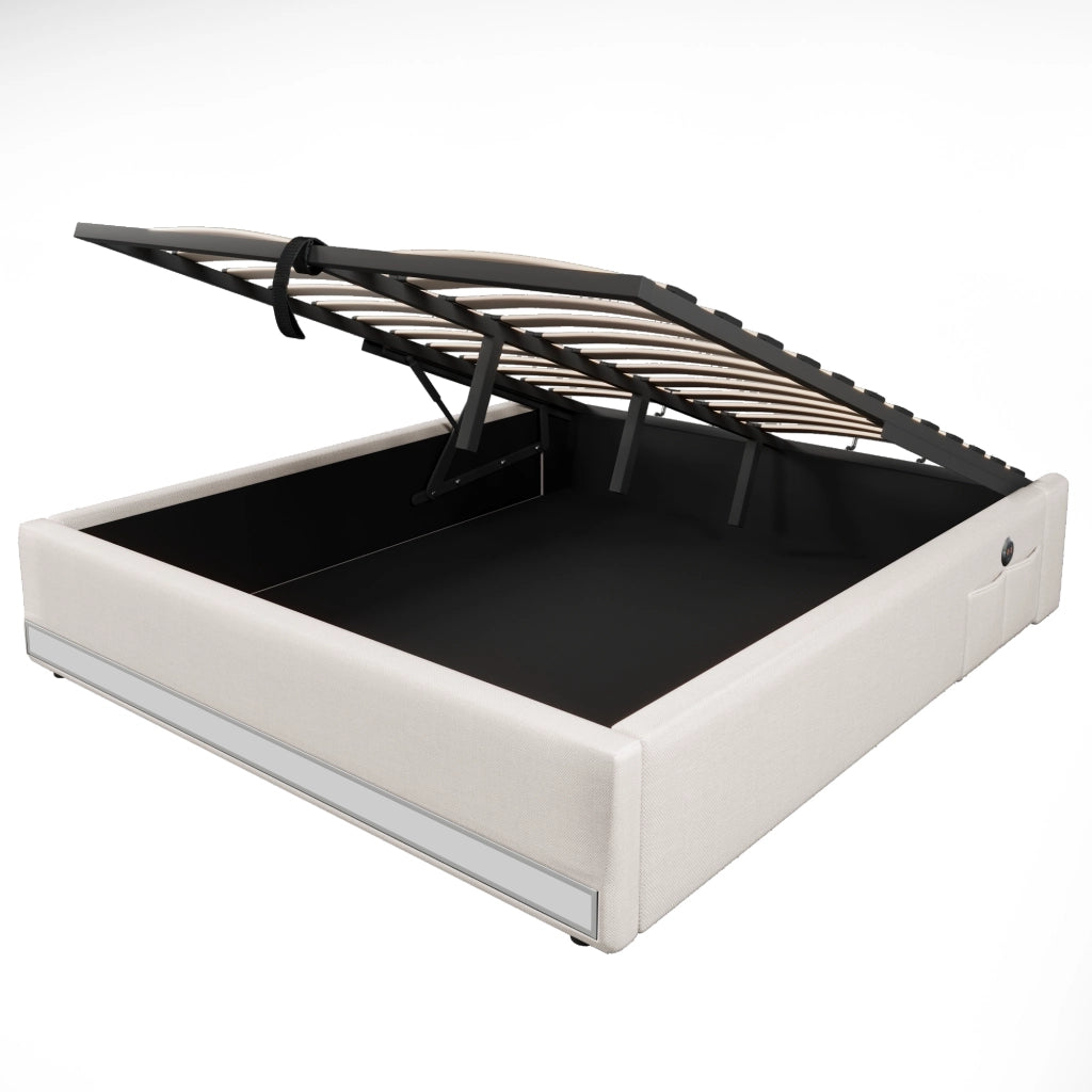 Letto Contenitore 140x200 cm con LED; USB; Type-C e Tasche Laterali in Lino Beige
