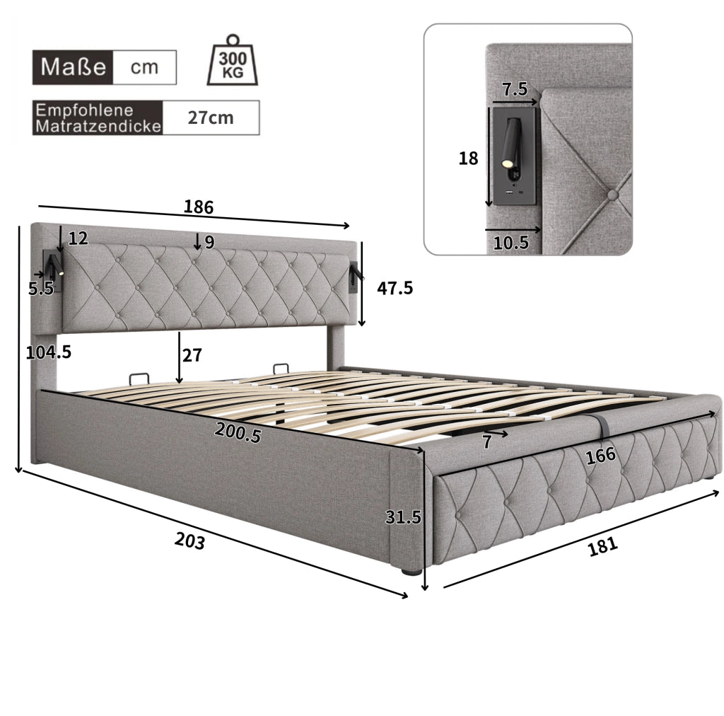 Letto matrimoniale imbottito 180x200 cm con luci da lettura e porte USB; contenitore; grigio in lino