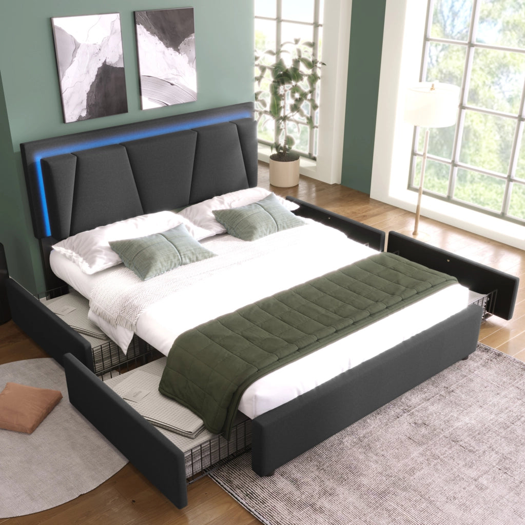 Letto matrimoniale 140x200 cm LED con 4 cassetti grigio