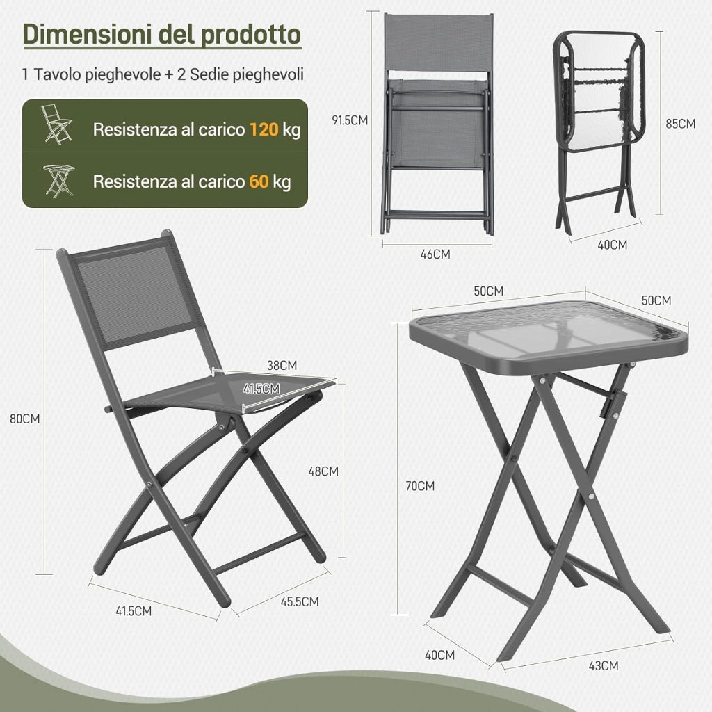 Set da Bistrot 3 Pezzi, Set Mobili Pieghevoli Include 1 Tavolo e 2 Sedie, Resistente alle Intemperie e Traspirante, per Piccoli Balconi e Giardini, Grigio