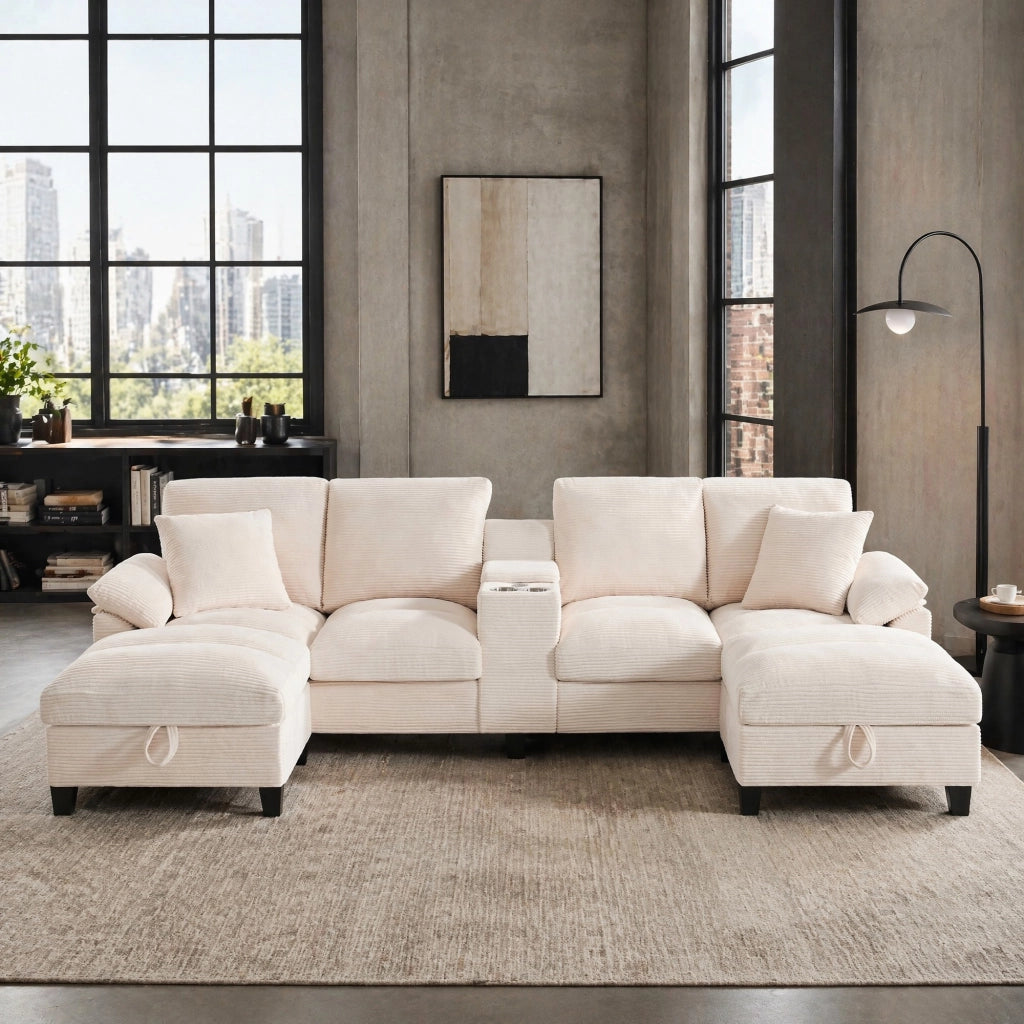 DIVANO angolare a U 293x142x93 cm in tessuto a coste beige con USB e portabicchiere