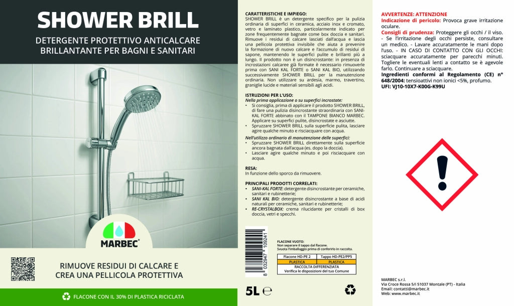 Detergente anticalcare bagno, protezione antigoccia, pulizia quotidiana Marbec SHOWER BRILL - 5LTx4Pz