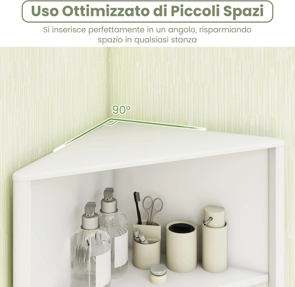 Mobile da Bagno Alto, Mobiletto d’Angolo a 5 Livelli con 2 Ante, 3 Scomparti Aperti e Ripiano Regolabile, per Soggiorno, Cucina e Lavanderia, 32 x 58 x 172,5 cm (Bianco)