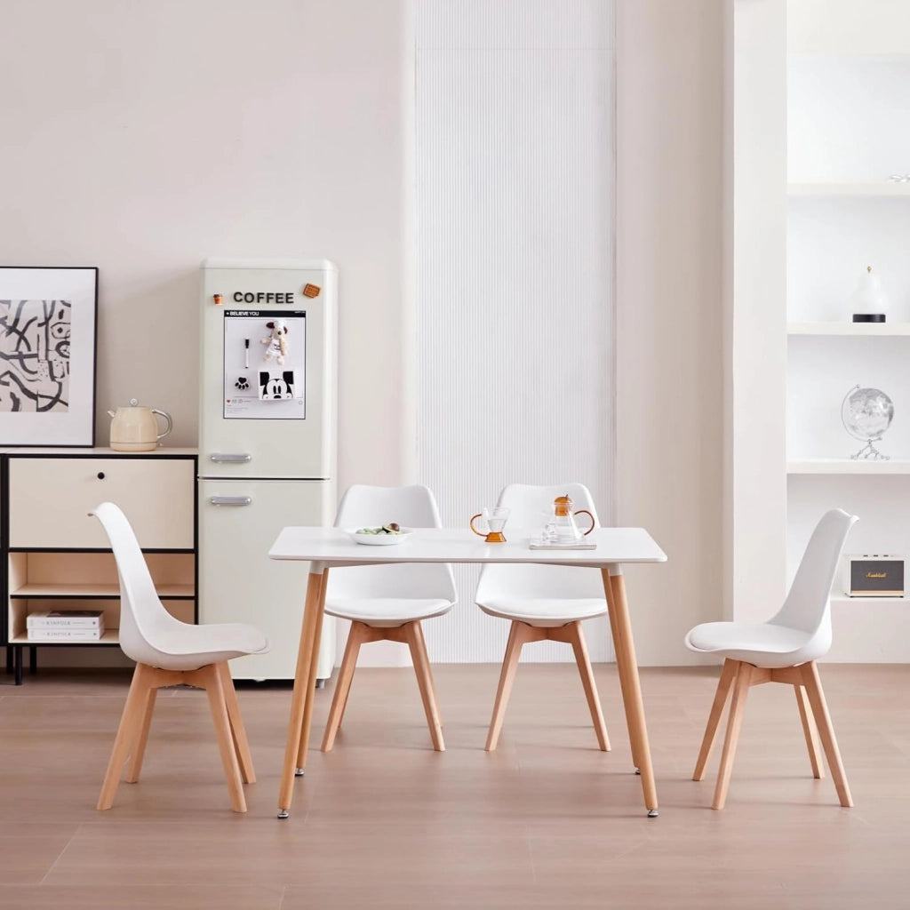 GrandCA HOME Tavolo da pranzo e 4 sedie Set da pranzo moderno, tavolo rettangolare e sedie da cucina, Bianco