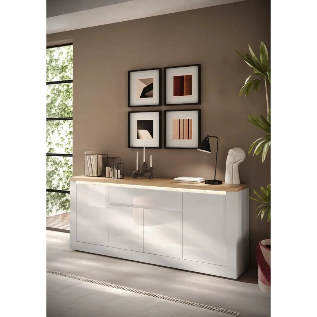 Buffet SASHA – 4 porte + 1 cassetto con LED integrato – Bianco laccato e Rovere Cadiz