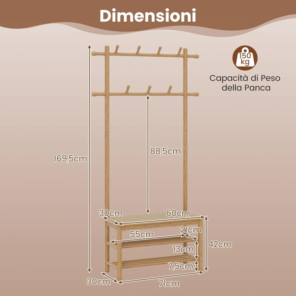 3 in 1 Appendiabiti da Terra in Bambù, Appendiabiti Salvaspazio con Scarpiera a 2 Ripiani, Panca in Rattan PE e 11 Ganci Arrotondati, Mobile Ingresso, 71 x 30 x 169,5 cm (Naturale)