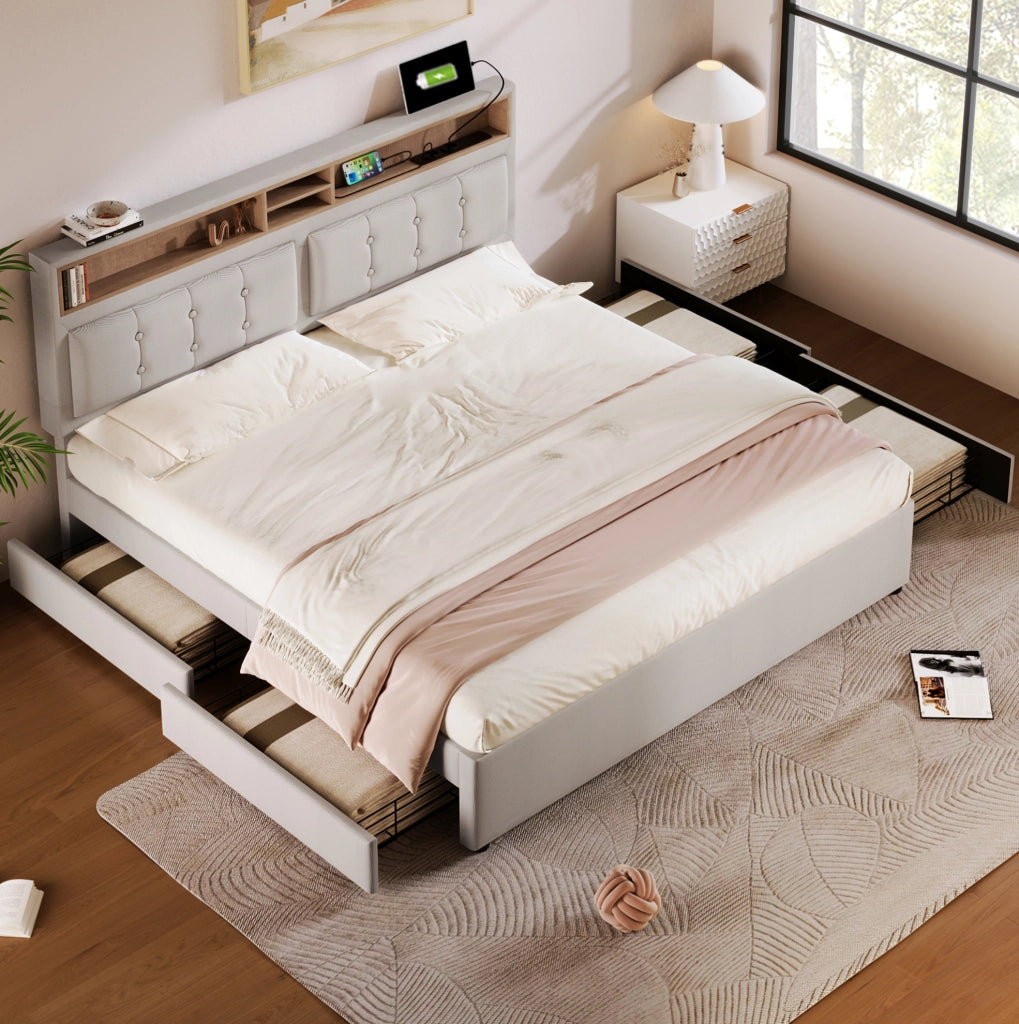 Letto beige in lino con testiera regolabile; 4 cassetti; vani contenitore; prese USB e Type-C