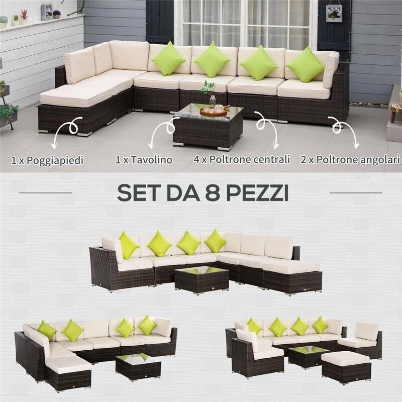 SALOTTO DA GIARDINO CON 8 PEZZI COMPONIBILI IN RATTAN MARRONE E BEIGE