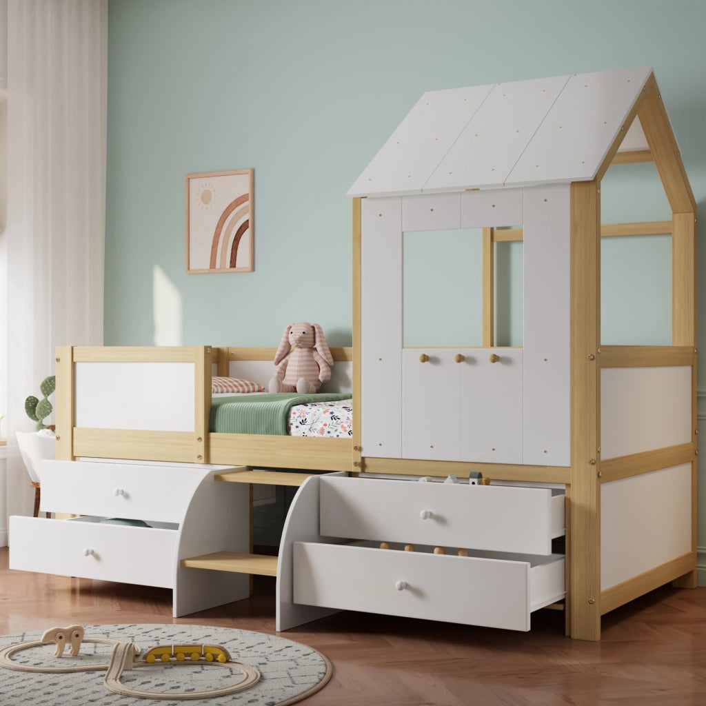 DESMIU Letto per Bambini Semialto 1 Posto con 4 Cassetti, Tetto e Finestra, 90 × 200 cm, Senza Materasso