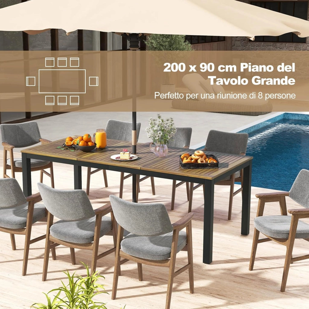 Tavolo da Pranzo a 8 Posti, Tavolo da Giardino 200 cm in Legno di Acacia, con Foro per Ombrellone da 5 cm, Gambe in Metallo, per Giardino, Cortile, Portata 75 kg (Modello 1)