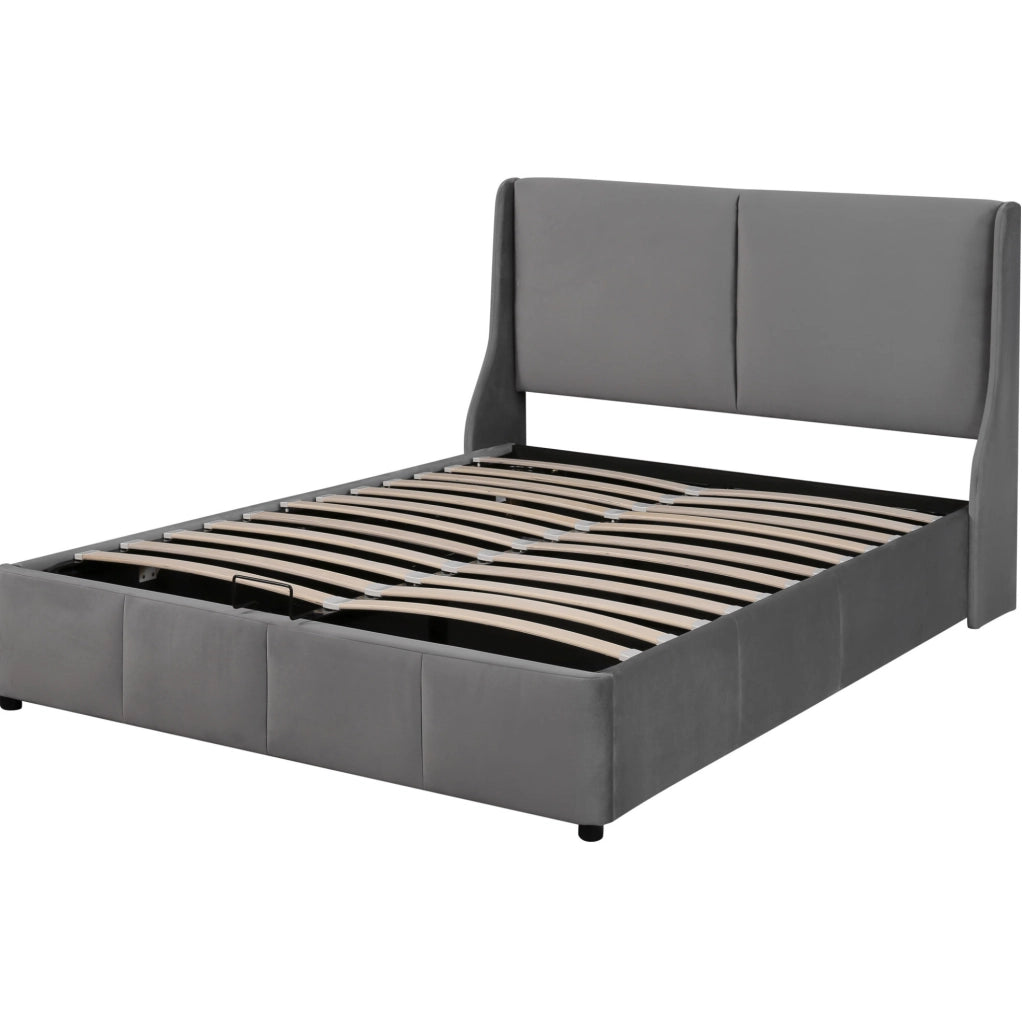 Letto imbottito con contenitore idraulico 140 x 190 cm in velluto grigio