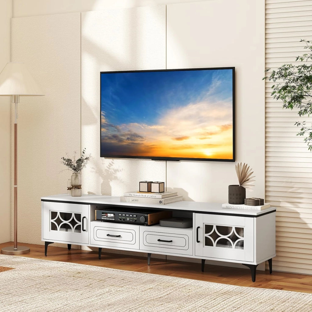 Mobile TV in Legno per Televisori Fino a 80", Mobile Porta TV 180 cm con 2 Cassetti, 2 Armadi e Scomparto, 7 Gambe Metalliche Rialzate, Consolle Media per Soggiorno (Bianco)