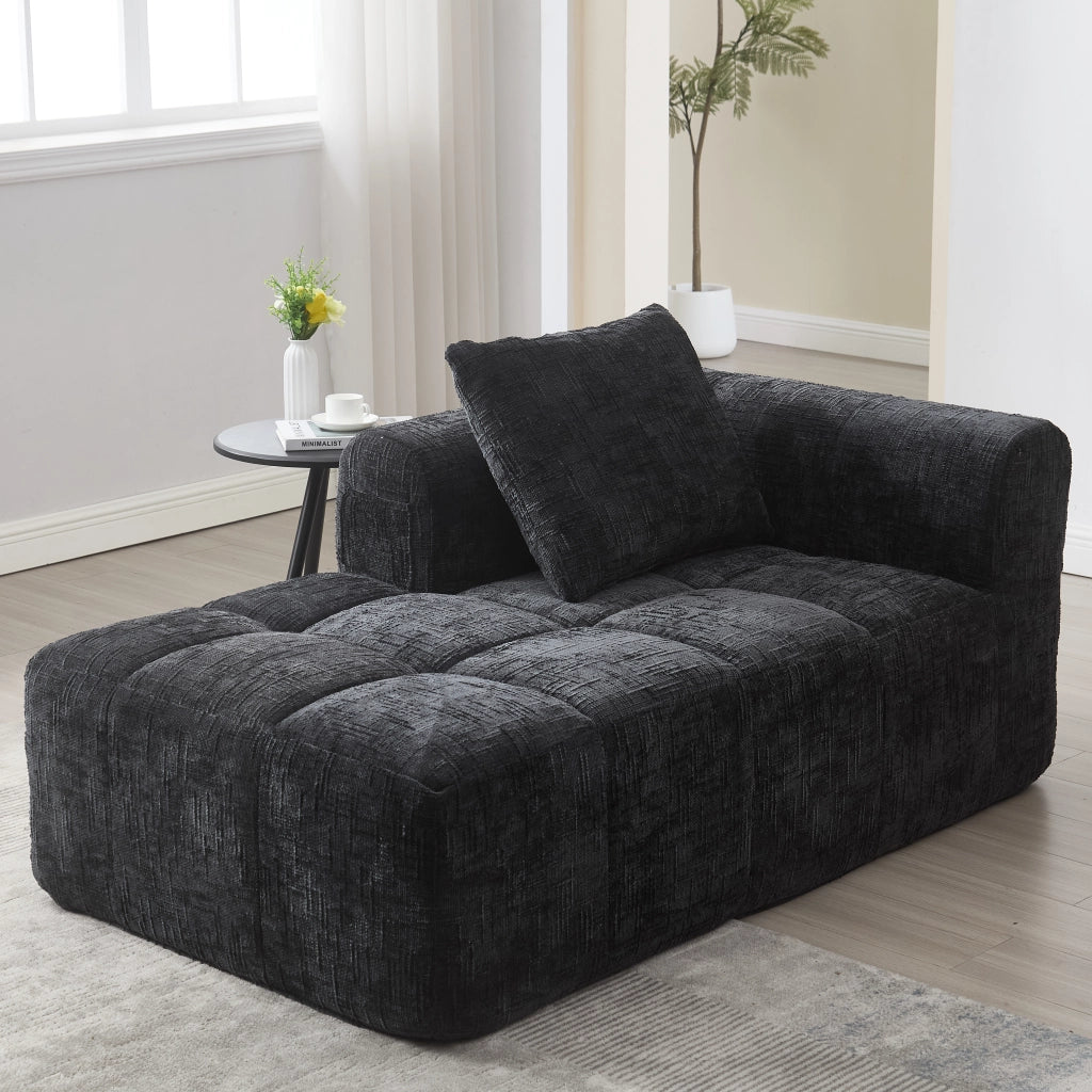Chaise longue moderna in chenille nera, con tasche laterali, cuscino incluso, 158×90×60 cm