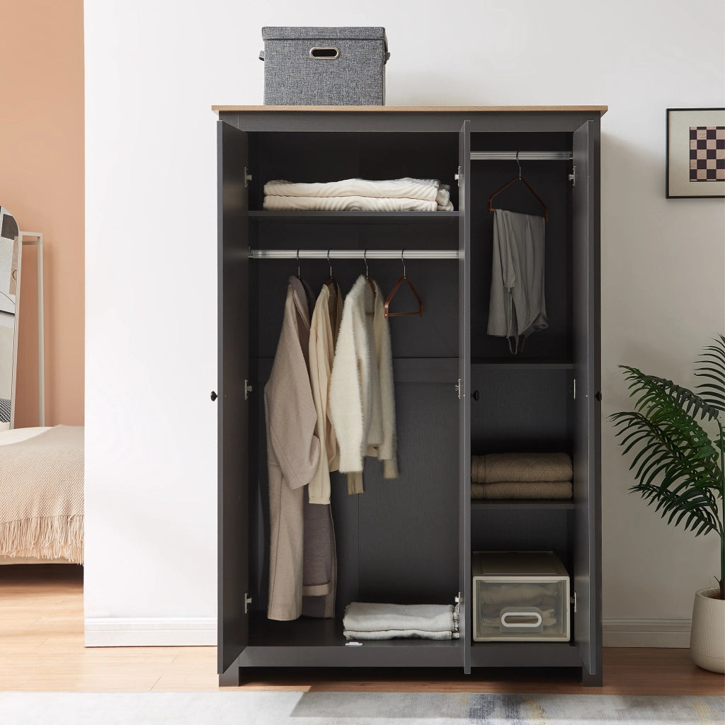 Armadio Guardaroba Vasand a 3 Ante con Barre Appenditi e Ripiani 175x120x52 cm Grigio / Effetto Rovere [en.casa]