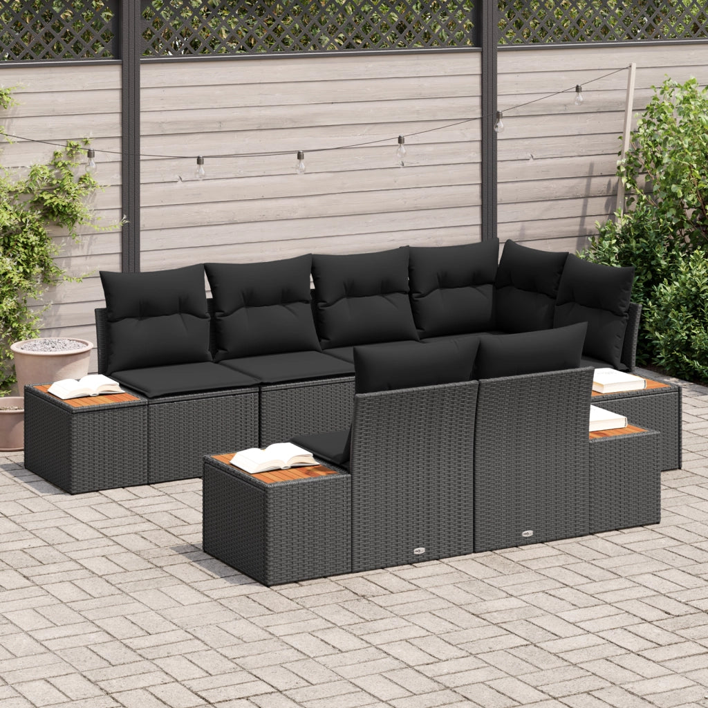 Set di divani da giardino da 7 pezzi con cuscini neri in polyrattan