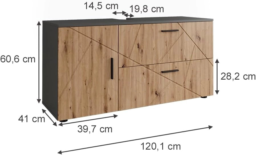 Mobiletto per lavabo Irma, Antracite/Artisan, 120.1 x 60.6 cm con 2 cassetti e 1 anta