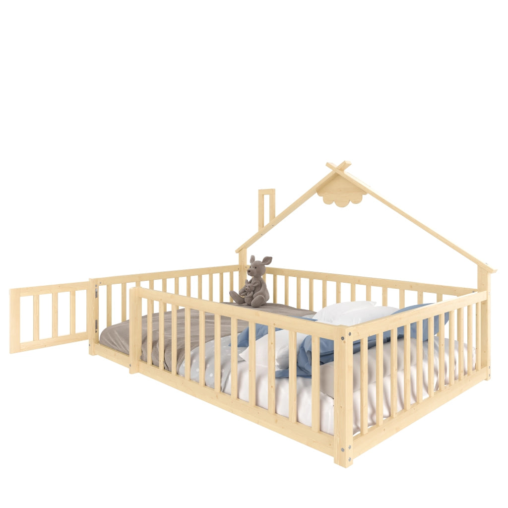 Letto Casetta 140×190 cm; Singolo con Sponda e Chiusura; senza Materasso; in Pino e MDF; Naturale