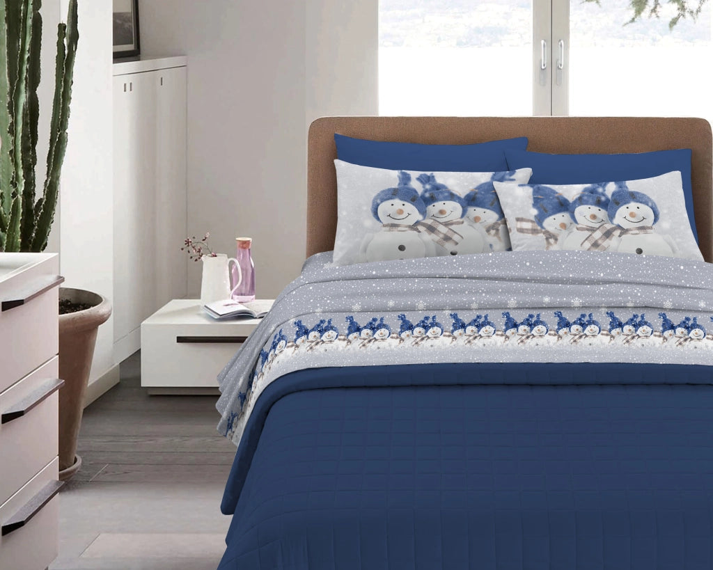 Completo Letto in Flanella Calda e Morbida Anti Pilling - Set Flanellato 3 Misure parure con Federe - SnowMan Blu - 1 Piazza e mezza