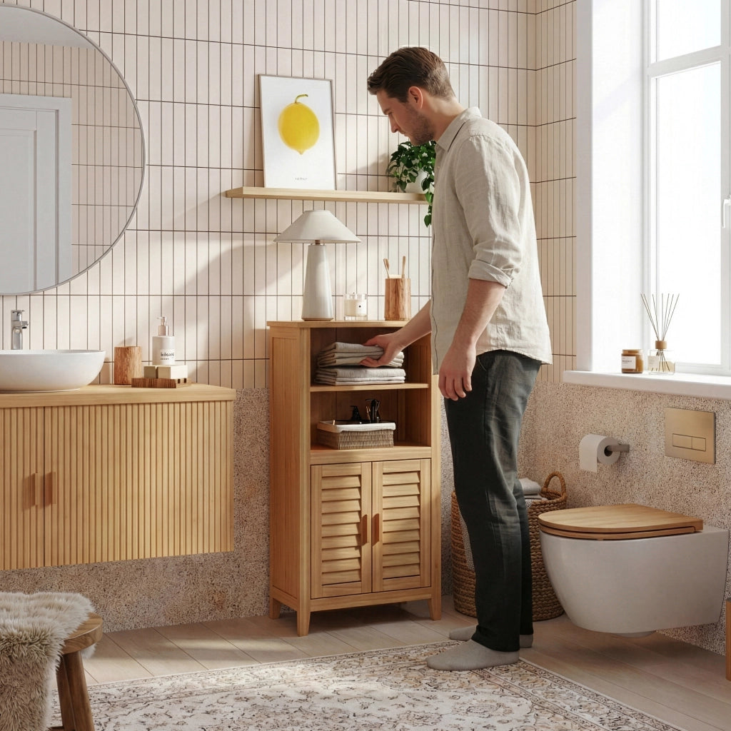 Mobile Contenitore Rirg a 2 Ante e Scomparti Aperti in Bambù Naturale 92 x 50 x 25 cm [en.casa]