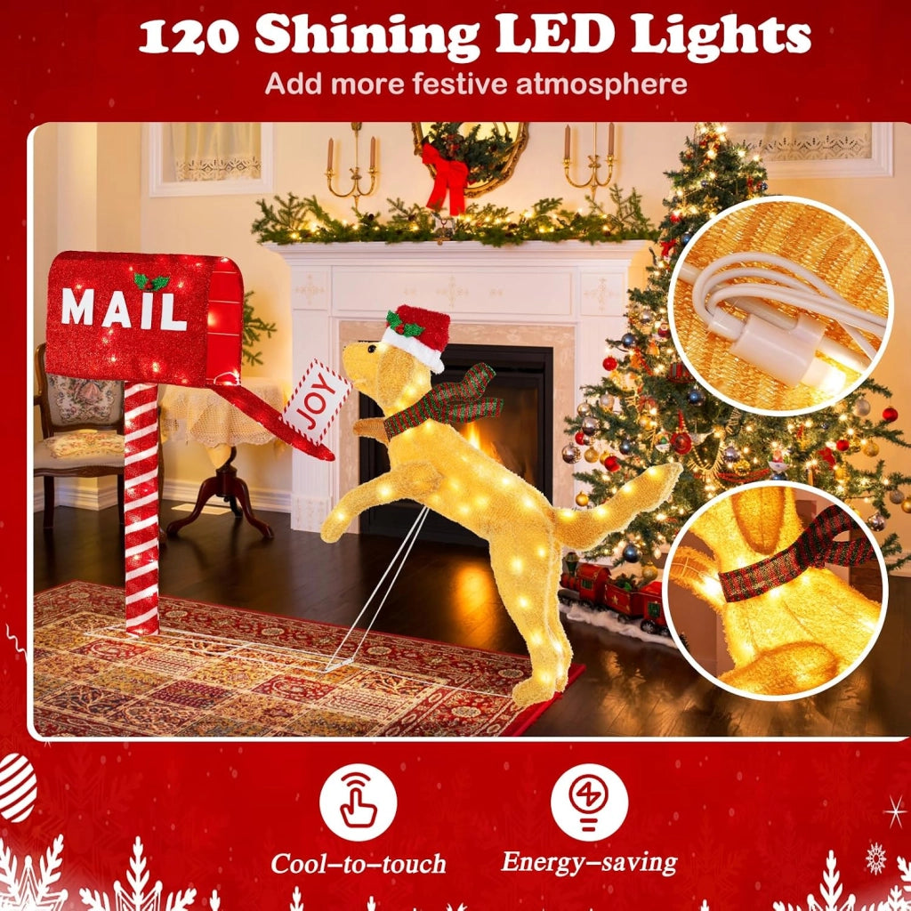 Decorazione natalizia, cassetta delle lettere con cane di Natale, 120 luci LED bianco caldo, telaio in metallo, picchetti, decorazione natalizia per interni ed esterni per giardino, soggiorno