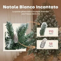 Albero di Natale Innevato Alto 180 cm con 910 Rami e Pigne, Base in Metallo Pieghevole, Verde
