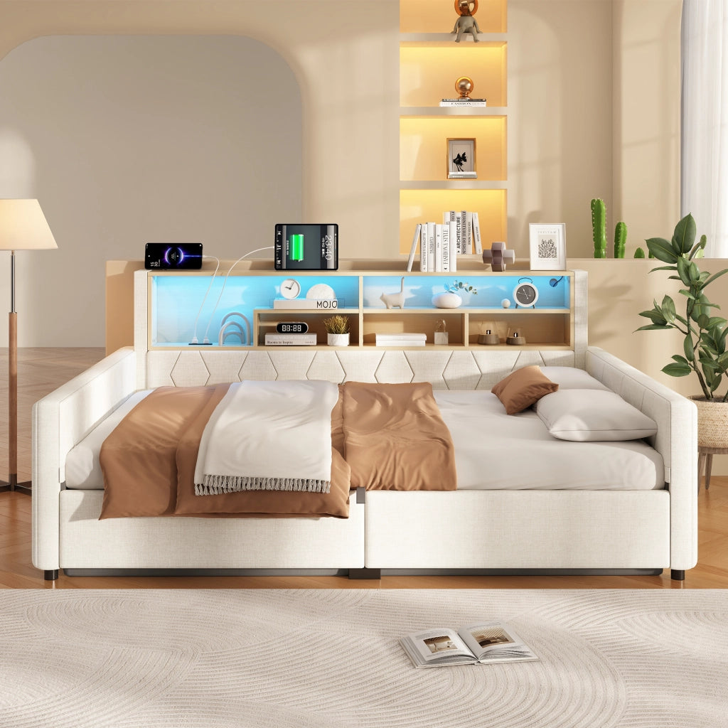 Letto contenitore 140x200 cm beige in lino e MDF con LED e prese USB