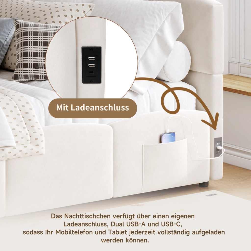 OKWISH Letto contenitore 90×200 cm, Letto Singolo con Porte USB A e USB C, Tasche Portaoggetti e Apertura Idraulica, senza Materasso, Velluto, Beige