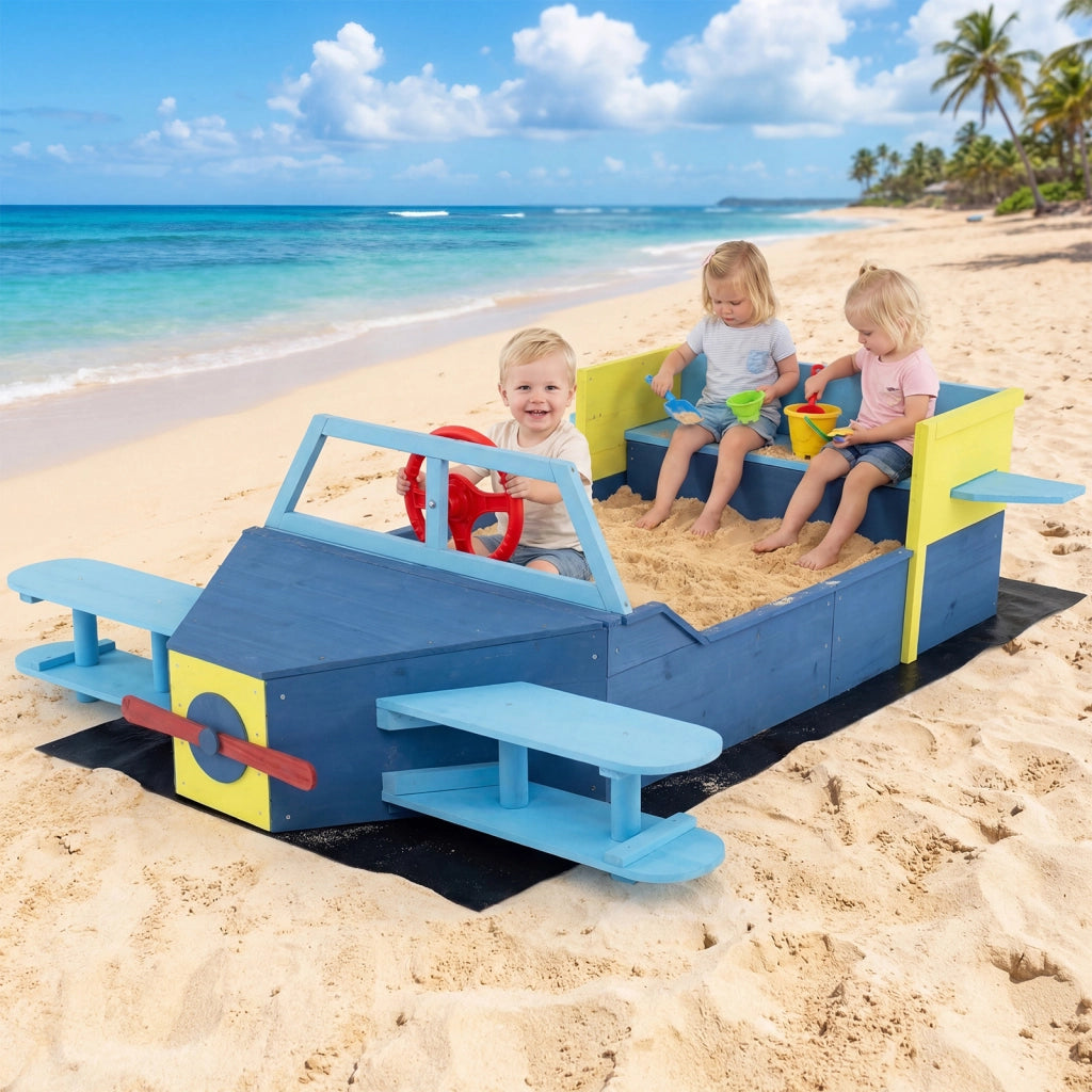 Sabbiera per bambini in legno con fodera inferiore, Gioco da spiaggia a forma di aliante con panca elica timone e alette