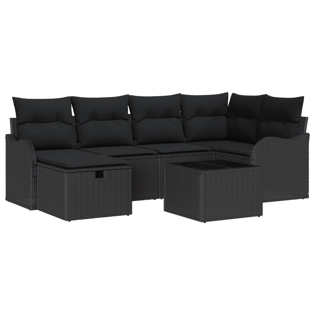Set Divano Giardino 7 Pezzi con Cuscini Nero Polyrattan