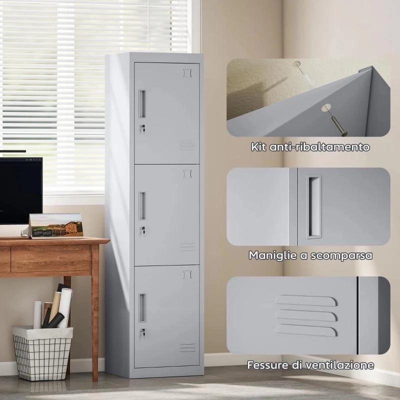 ARMADIO PER UFFICIO IN ACCIAIO A 3 PORTE INDIPENDENTI CON SERRATURA E 2 CHIAVI, 45X38X180 CM, GRIGIO CHIARO