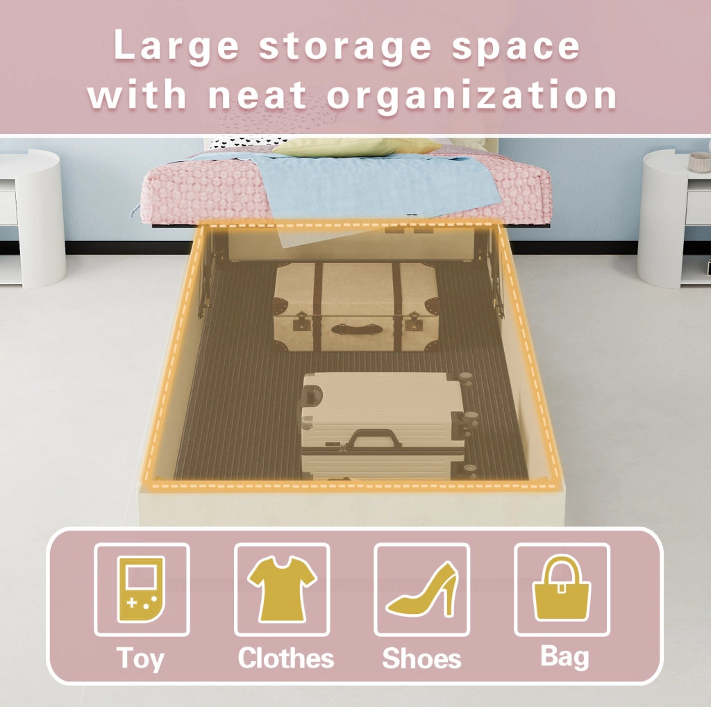 Letto imbottito 90x200 cm beige con testiera cartoon e contenitore a sollevamento