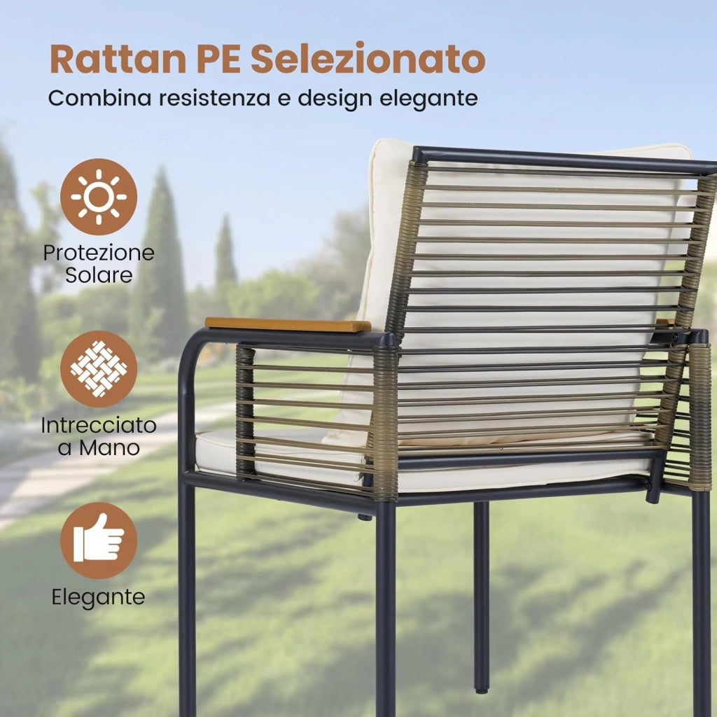 Set Salottino da Giardino in Vimini, Set di Mobili da 3 Pezzi per Esterno Salvaspazio con Cuscini, Tavolo Rettangolare e Sedie in Rattan per Balcone, Veranda, Giardino e Cortile (Beige)