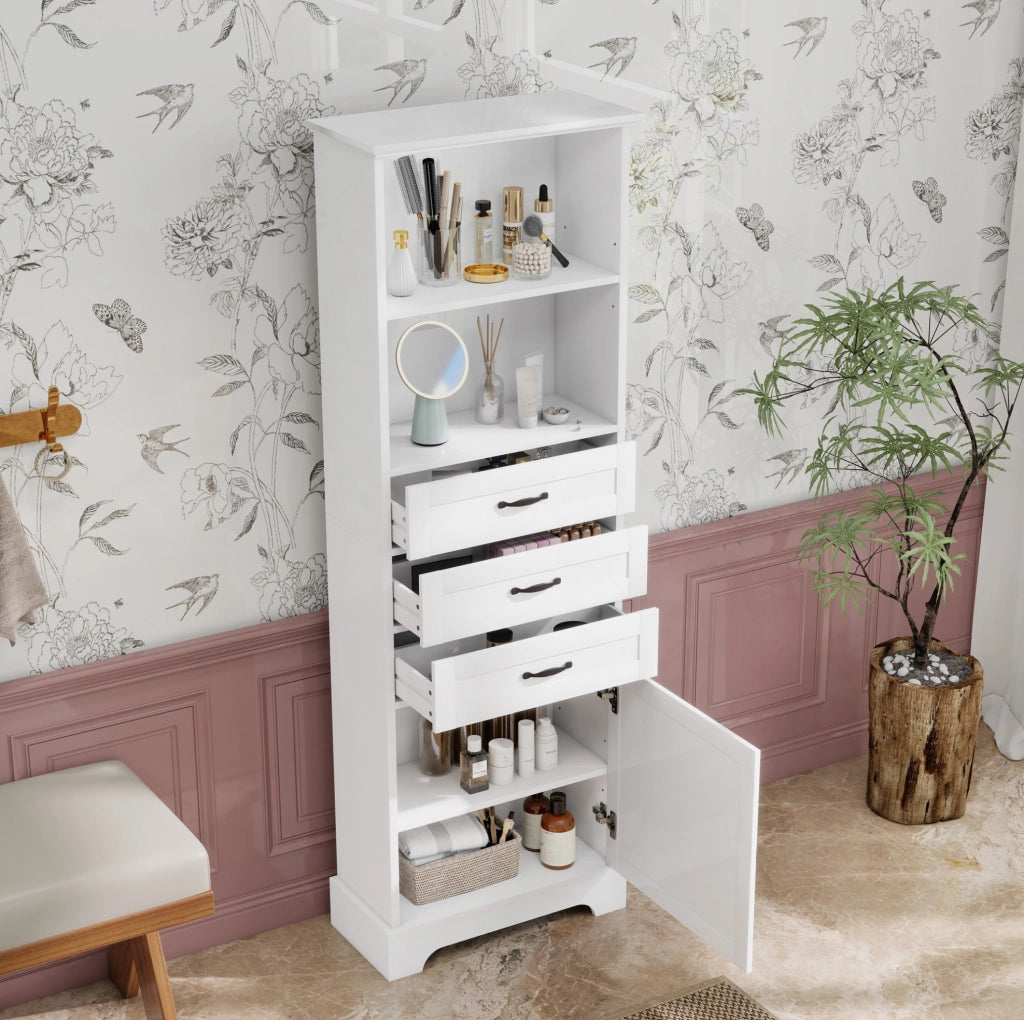 Mobile bagno alto in MDF bianco con 3 cassetti e ripiani