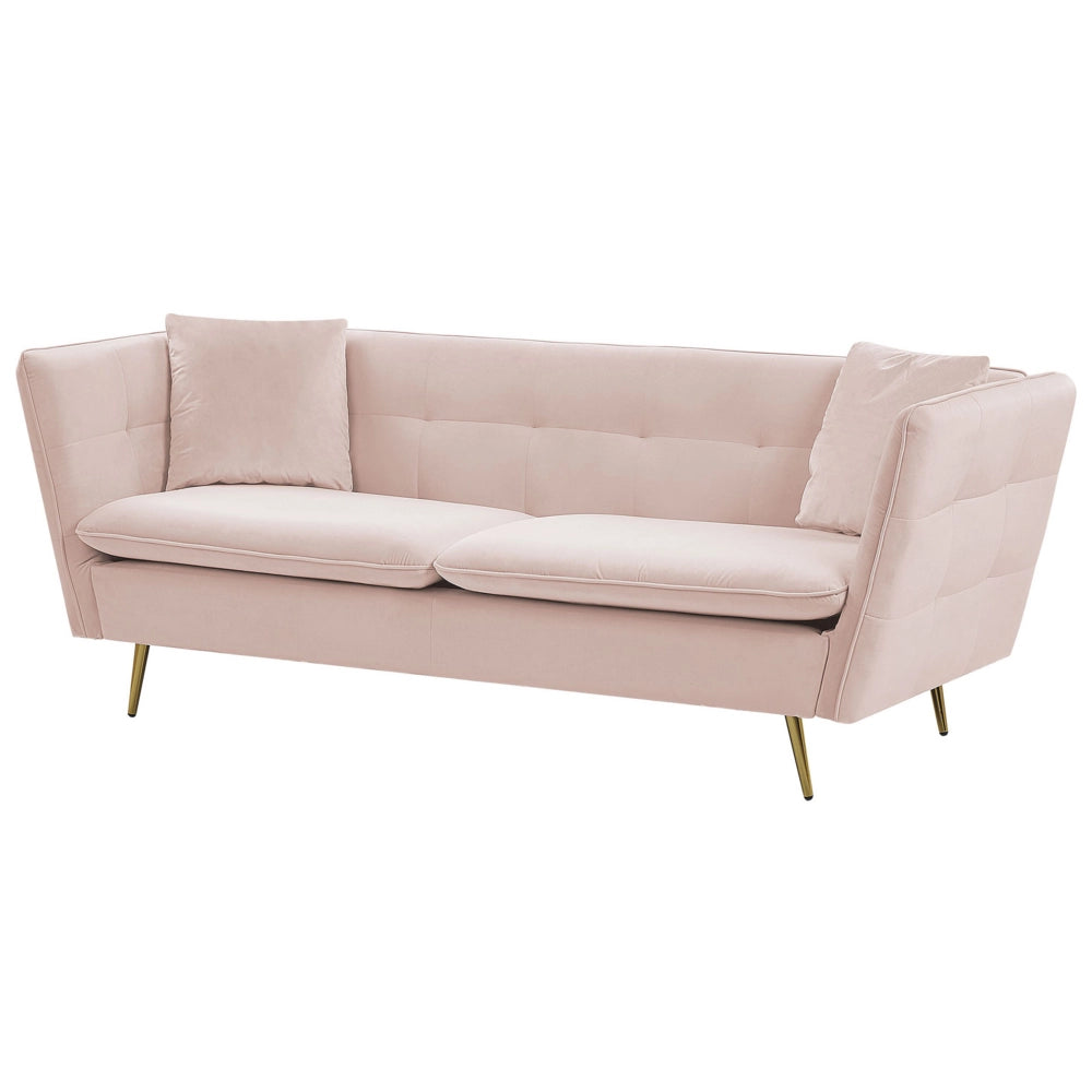 Divano a 3 posti con rivestimento in tessuto di velluto rosa capitonné con gambe dorate