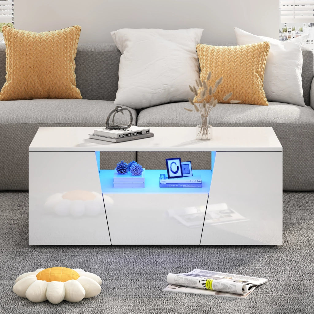 Tavolino da salotto con 2 Ante; 1 Cassetto; 1 Vano e LED; finitura lucida per Soggiorno; in Truciolare; Bianco