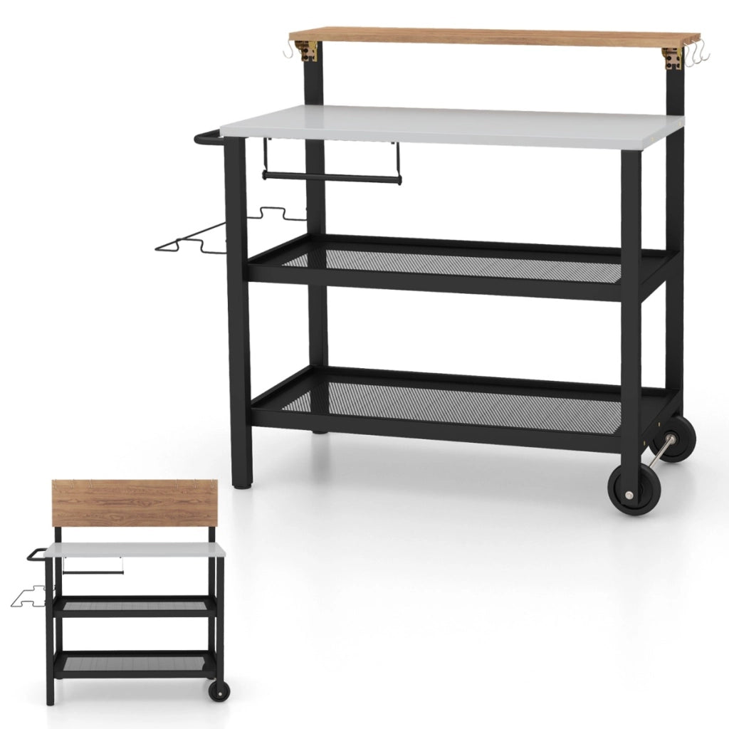 Carrello bar con piano ribaltabile per sacchetto della spazzatura, Supporto per forno con ganci Nero-Carrelli
