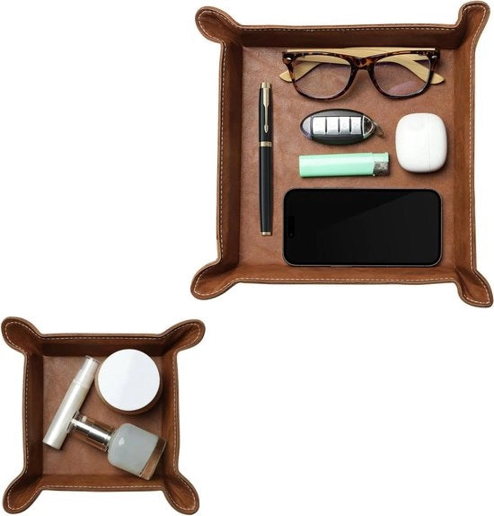 Scalino decorativo quadrato - In pelle - Set di 2 organizzatori - Tavolo da lavoro per chiavi, telefono o monete - Miele (2 pezzi)