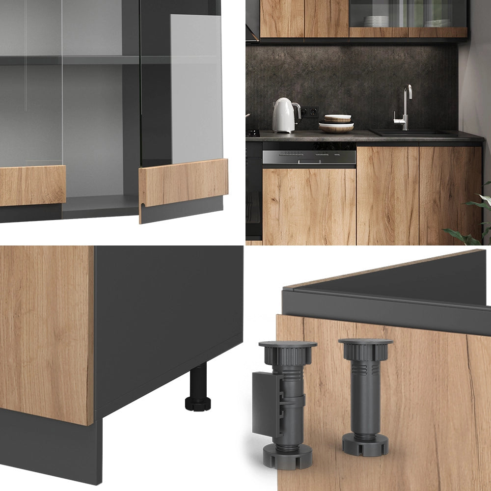 Cucina componibile R-Line Rovere dorato/Antracite 300 cm J-Shape, PL Marmo Vicco