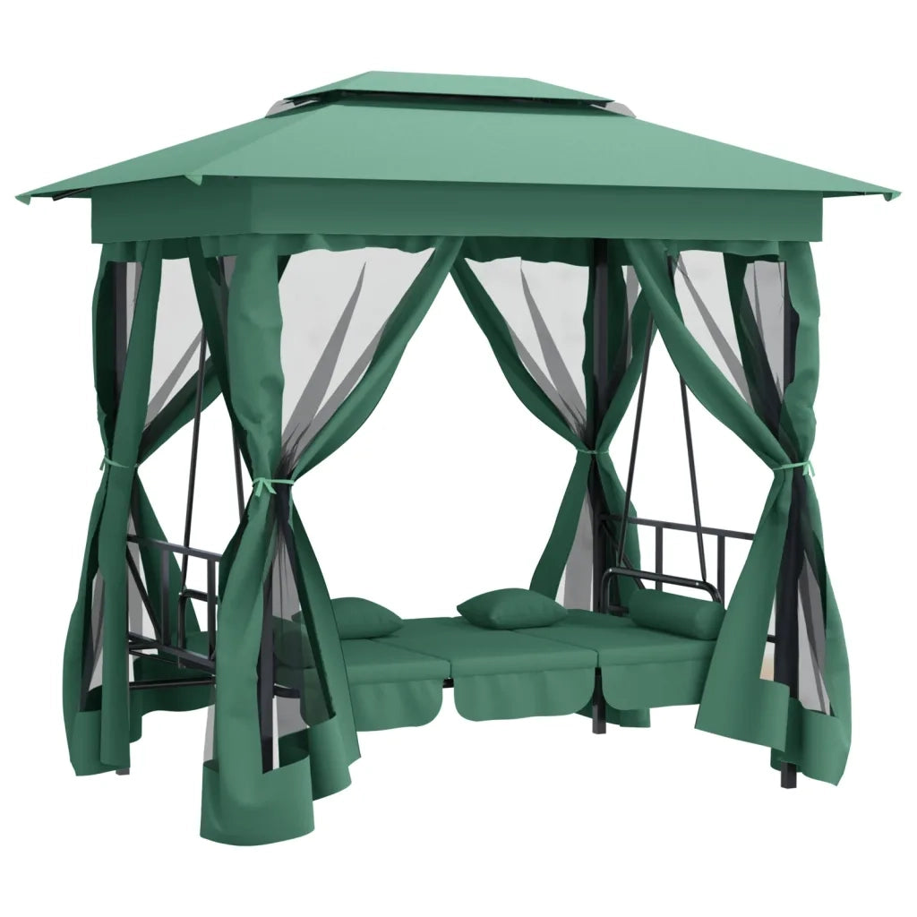 Gazebo con Panca a Dondolo Convertibile Verde Tessuto e Acciaio 363327