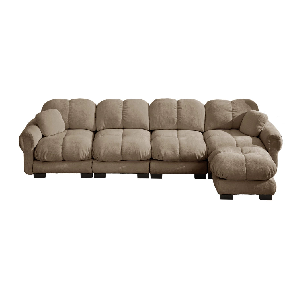 Divano angolare a L 4 posti in tessuto chenille marrone con pouf modulare