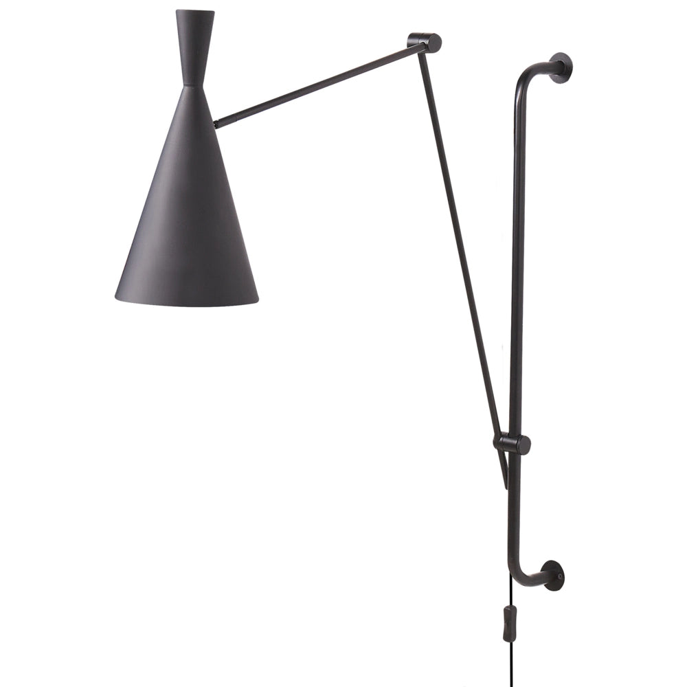 Lampada da parete moderna con paralume a cono in metallo  nero braccio regolabile e interruttore on/off soggiorno camera da letto
