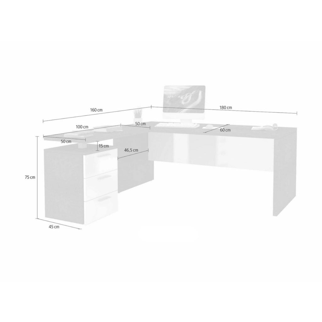 Ascuby, Scrivania Angolare Made in Italy, 180x60x75h cm Bianco Lucido