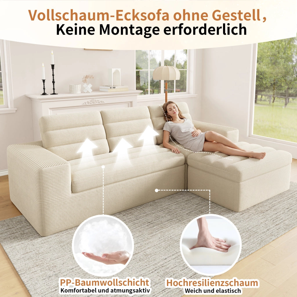 Divano angolare modulare a L senza telaio con sedute componibili in velluto a coste beige 253 × 161 × 89 cm