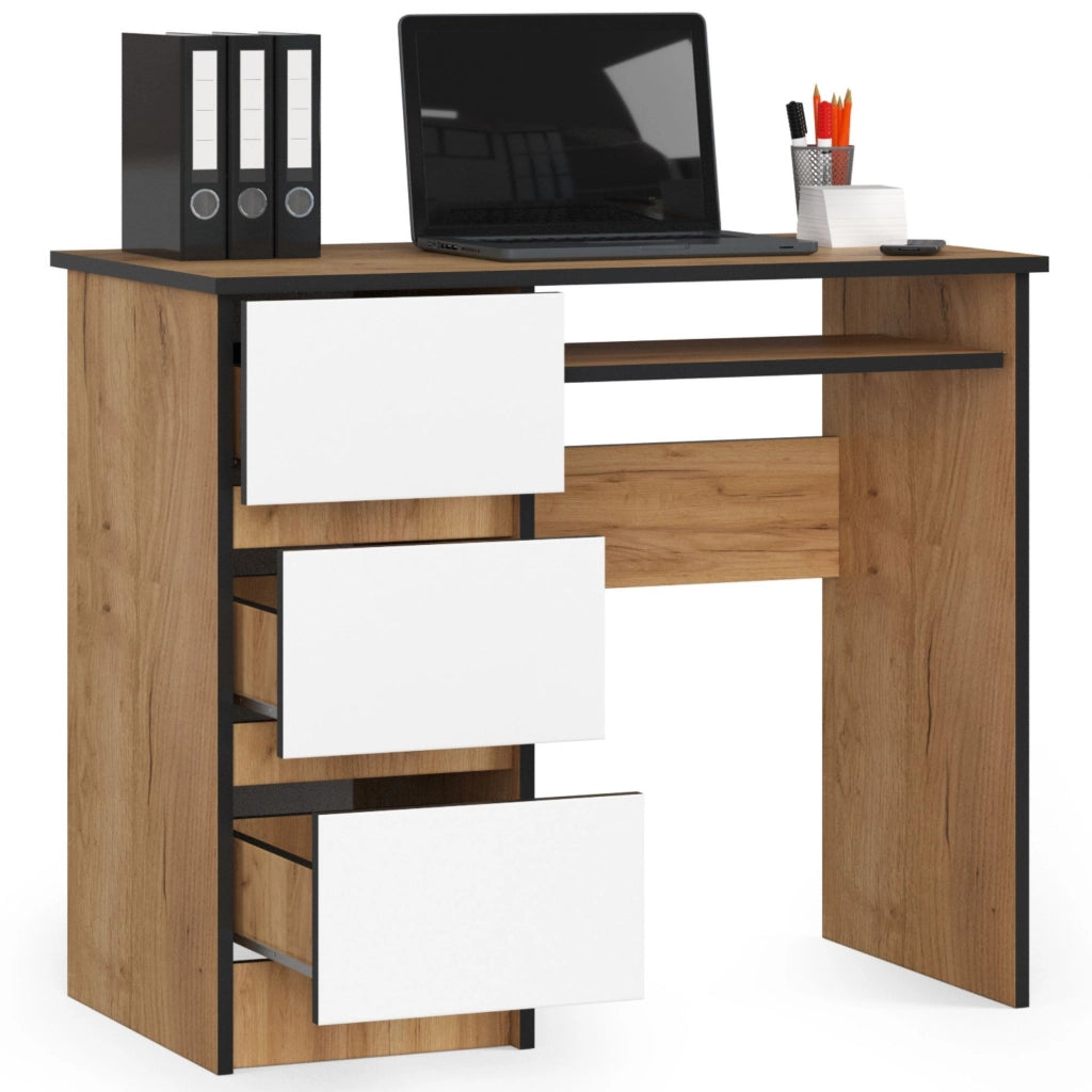 Scrivania per computer AKORD A6 Quercia Craft 90 cm 3 cassetti inserto frontale Bianco 90x50x77 cm Modello a sinistra