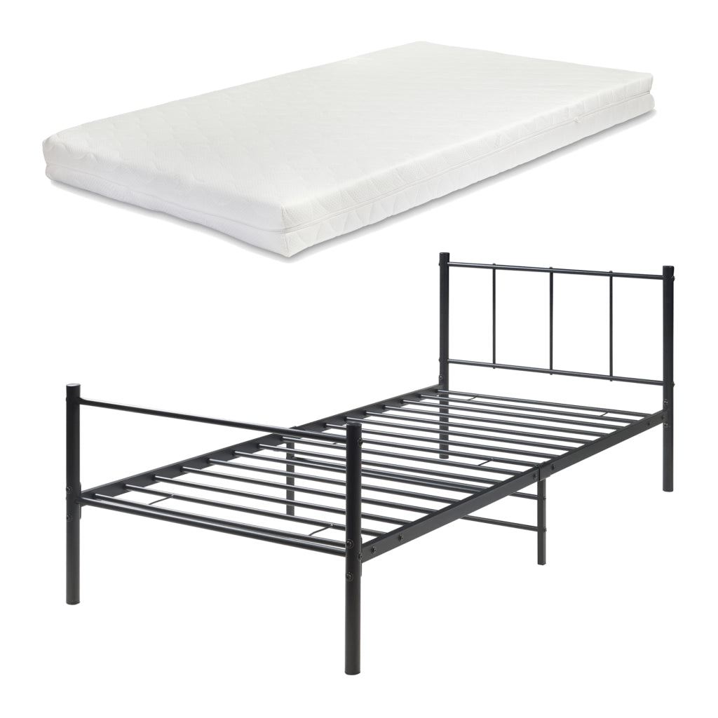 Letto Singolo Laos con Materasso 90x200 cm Letto in Acciaio con Testiera e Pediera - Nero [en.casa]